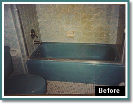 This is a porcelain tub surrounded by ceramic tile
before we reglazed or (refinished) it.